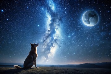 A Loyal Canine Companion Gazes at the Celestial Wonders of a Starry Night Sky, Illuminated by a Radiant Moon