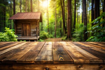 Rustic Wooden Table in a Sunlit Forest with a Distinctive Cabin in the Background