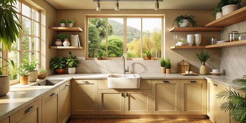 Sunlit Kitchen with Abundant Greenery and Light Beige Cabinets