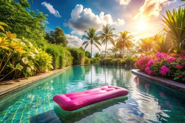 Serene Poolside Relaxation Pink Inflatable Raft Floating in a Lush Tropical Paradise at Sunset