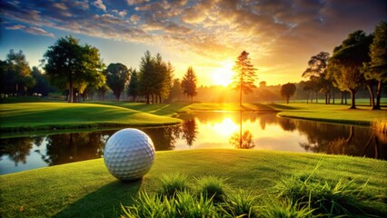 Serene Sunrise Golf Course Landscape with a Single Golf Ball Resting on the Fairway Near a Tranquil Water Feature