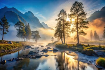 Serene sunrise illuminates misty mountain river valley with majestic trees reflecting in calm waters