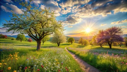 Serene Sunset Stroll Through a Blossoming Meadow with a Gentle Path