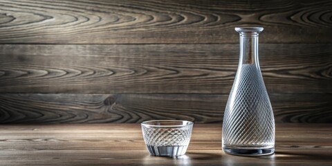 A crystal decanter and a small glass filled with clear liquid rest on a rustic wooden surface