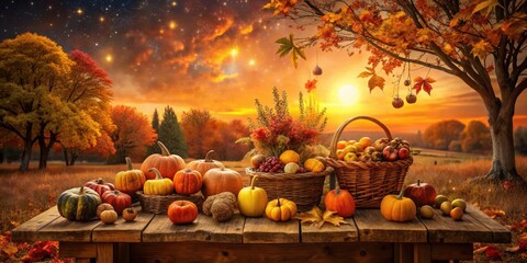 Autumnal Harvest Abundance A Rustic Table Display of Pumpkins, Apples, and Seasonal Flowers at Sunset