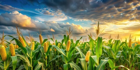 Golden Hour in a Cornfield A Vibrant Sunset Illuminates Ripe Maize Stalks
