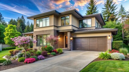 Modern Two-Story Home with Landscaped Yard and Driveway at Sunset