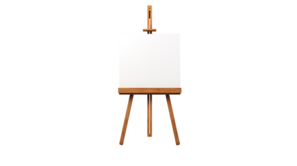 A blank white canvas on a wooden easel standing in a dark studio ready for artistic creation