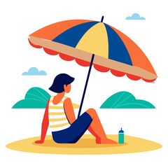 A flat illustration of a woman sitting on a sandy beach under a large, colorful striped umbrella, with a bottle of sunscreen beside her and green hills in the background, embodying a relaxing summer d