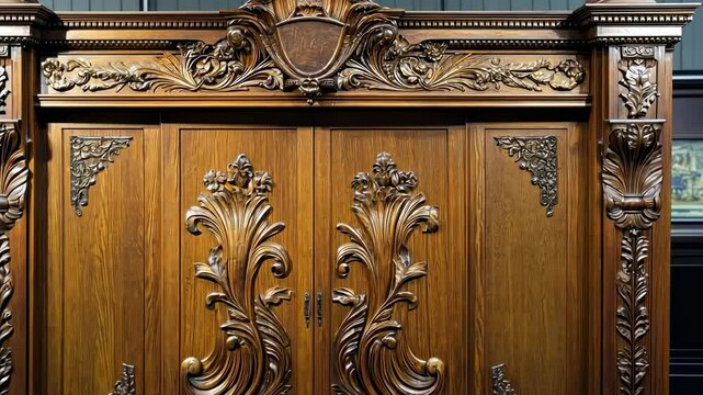 Intricate carved wooden armoire with ornate detailing and a central crest