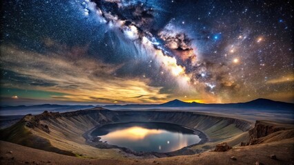 Serene Crater Lake Under a Starry Night Sky with a Majestic Milky Way Galaxy Display