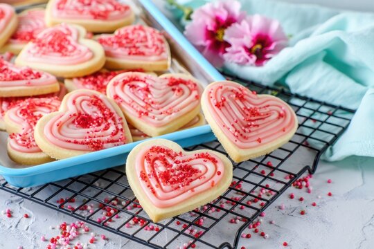 Heart-shaped sugar cookies decorated with pink icing and red sprinkles laid on a cooling rack and a blue tray with pink flowers and a light blue cloth in the background