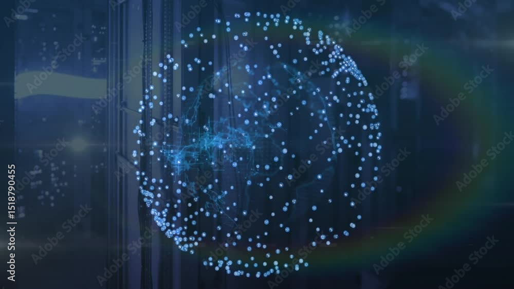Poster console sending signal, holographic globe forming data nodes, rotating and showing network flow