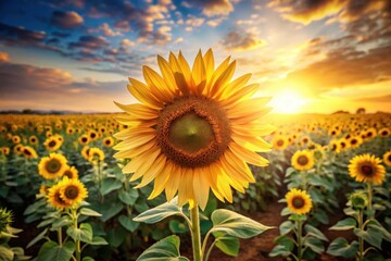 Obraz premium A majestic sunflower stands tall in a vibrant field, bathed in the golden light of a breathtaking sunset, showcasing the beauty of nature's artistry during the summer season.