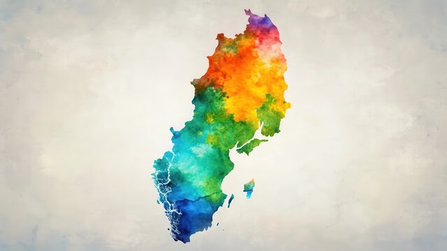 Vibrant Watercolor Depiction of a Northern European Peninsula's Shape and Geographic Features