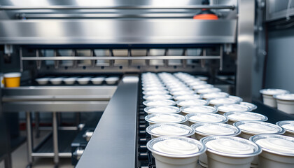 Obraz premium Efficient automated yogurt manufacturing process, magazine photoshoot. isolated with white highlights