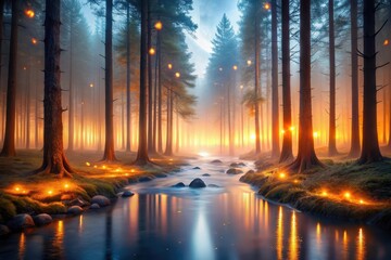 Obraz premium Enchanted Forest Stream at Golden Hour Mystical Glow Illuminates a Serene River Winding Through Tall Trees