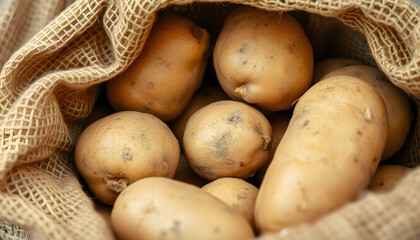 Freshly harvested golden potatoes nestled in a rustic burlap sack, close-up. isolated with white highlights