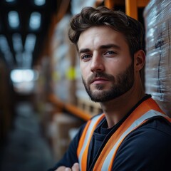 Fototapeta premium Warehouse Worker Portrait. Confident and Focused Logistics Professional in Orange Vest Amongst Stacked Boxes