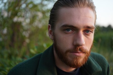 Fototapeta premium Close-up portrait of a young man with blue eyes and red beard wearing a green jacket outdoors during daytime with blurred natural background