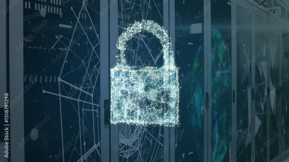 Poster nodes drifting into view merging into cloud morphing to padlock to shield showing data security