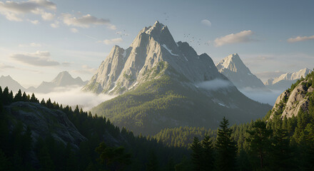 Obraz premium Majestic Mountain Peaks Enveloped in Morning Mist