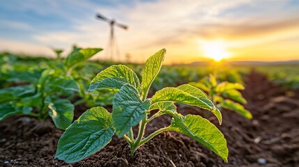 evening sun casting golden hue over mature potato plants, soft contrast between leaf and soil texture, distant windmill silhouette visible, wide tranquil countryside mood