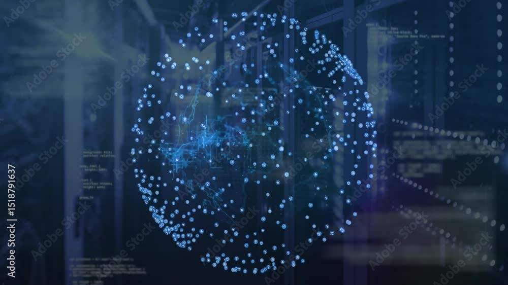 Poster point cloud sphere appearing rotating as code overlays sliding and network pulsing visualizing data