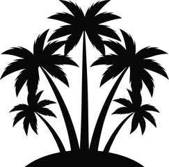 Silhouette of five palm trees on a small island in black and white simple design for tropical theme