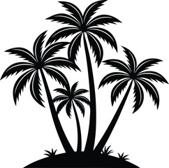 Silhouette of five palm trees on a small island in black and white simple design for tropical theme