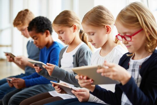 Group of five children sitting in a row indoors, focused intently on handheld digital tablets, engaged in a learning or gaming activity with serious and concentrated expressions