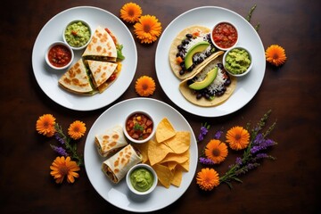 Three plates of Mexican-inspired dishes including quesadillas, tacos, and burritos served with guacamole, salsa, tortilla chips, and decorated with fresh orange and purple flowers on a wooden table