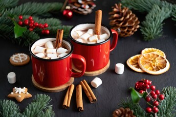 Two red mugs filled with hot chocolate topped with marshmallows and cinnamon sticks surrounded by pine branches, pine cones, dried orange slices, and festive cookies
