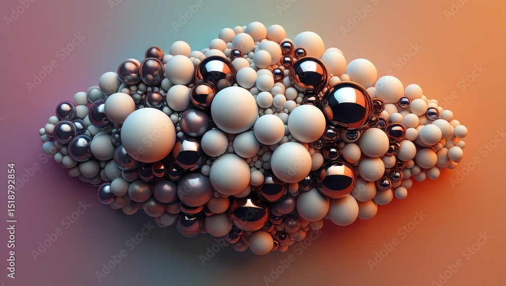 Poster cluster of variously sized matte and reflective spheres tightly packed forming an elongated abstract
