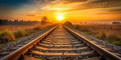 Fototapeta premium Golden Sunrise Illuminates the Endless Railway Tracks Extending Towards a Distant Horizon