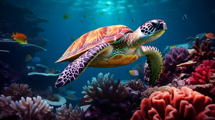 Naklejka premium coral reef and sea turtle