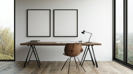 Modern workspace with wooden table and empty frames.