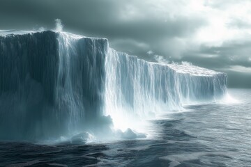 Majestic Arctic Iceberg with Dramatic Clouds and Blue Tones. Scenic Seascape Highlighting Climate Change in Remote Polar Location