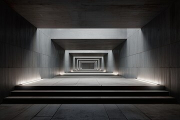 Minimalist Concrete Tunnel: A series of receding doorways illuminated by subtle lighting, creating depth and perspective.