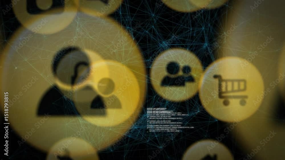 Poster drifting golden circle revealing family icon, fading group or cart, scrolling code showing data flow
