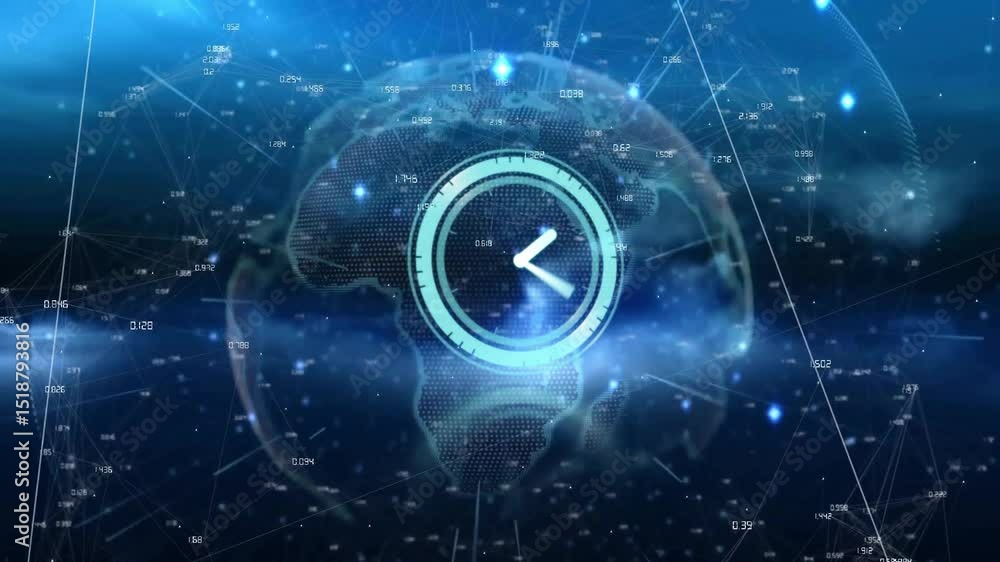 Poster upon launch 3d globe with clock interface rotating hands filling ring and showing time progression