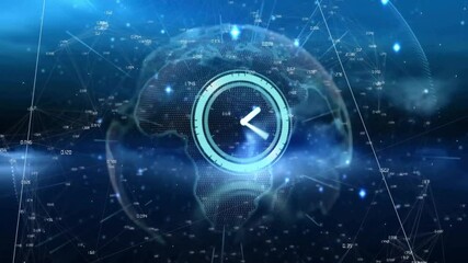 Upon launch 3D globe with clock interface rotating hands filling ring and showing time progression - Powered by Adobe