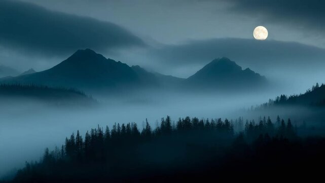 Serene night scene Full moon over misty mountains and forest. Dark blue and grey tones, low light, tranquil atmosphere.  Misty valley, rolling hills, silhouettes of trees. 