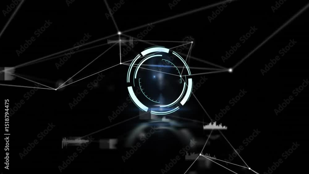 Poster faint interface appearing in digital space, rotating ring lighting nodes and forming data network