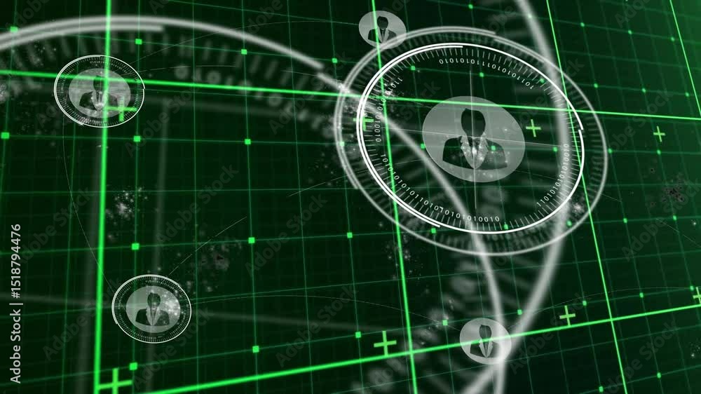 Poster clusters drifting across grid launching scanning rings rotating around icons while mapping network