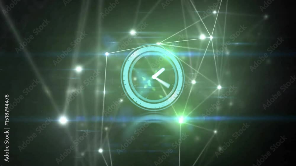 Poster network lines flickering triggers 3d clock pulsing, rotating hands advancing visualizing time flow