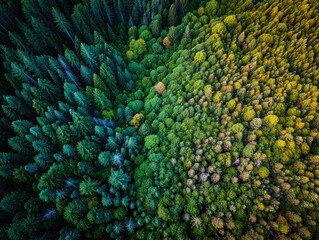 Aerial view of dense forest showing diverse tree species with varying shades of green and some brown, illustrating rich natural texture and peaceful environment