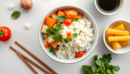 A delicious bowl of steaming rice topped with colorful crisp vegetables rests on a clean white table beside rich soy sauce., colorful. isolated with white highlights