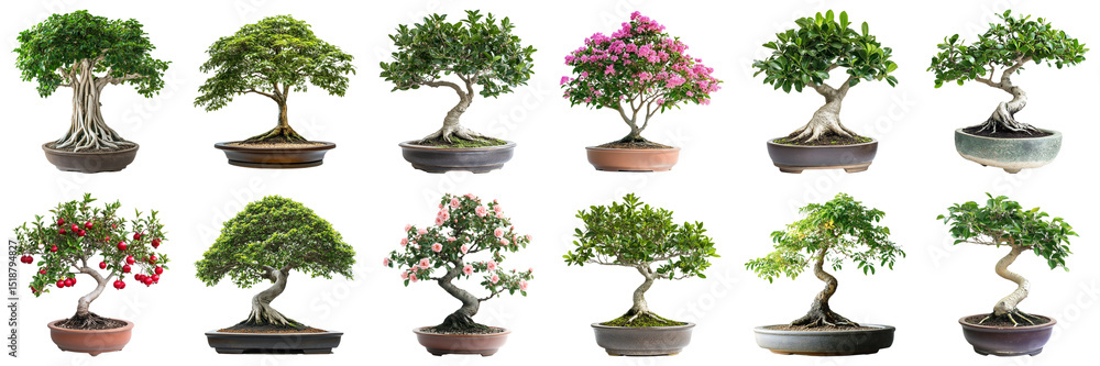 Poster Diverse Collection of Beautiful Bonsai Trees in Various Styles and Colors with Unique Pot Designs. Large Multiple Plant and Nature Collection Set Isolated on Transparent Background