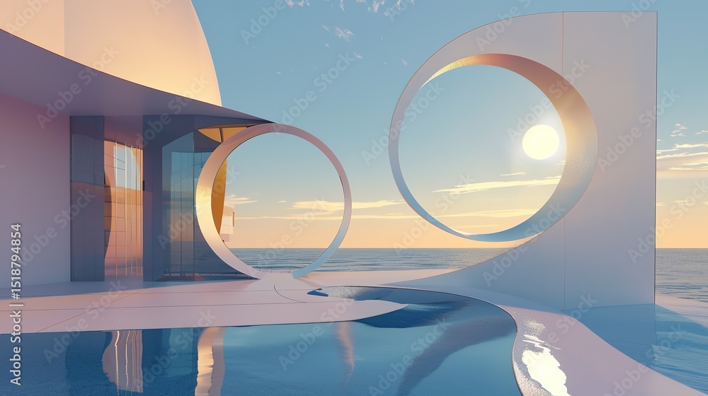 Poster Sleek Harmonies: 3D Illustrations of Abstract Minimalist Architectural Backgrounds – Geometric Buildings Woven with Wave Curves and Metallic Textures. Dive into a visual universe where precision meets